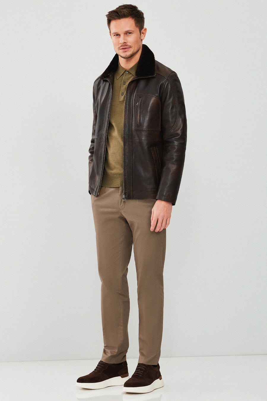 Valverde Men's Brown Fur Collar Vintage Leather Jacket