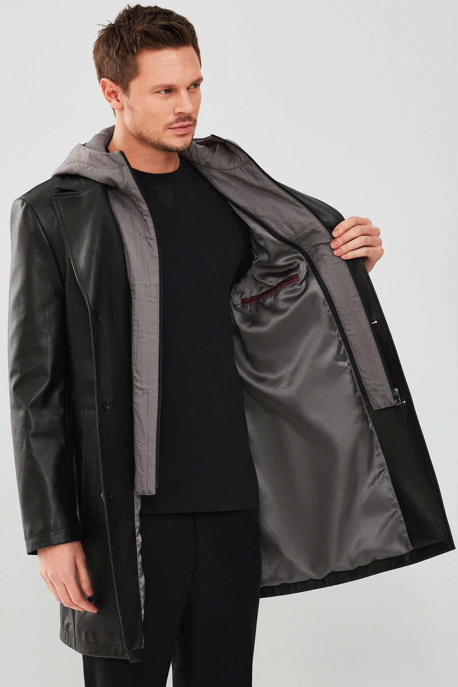 Dias Men's Black Hooded Long Leather Jacket