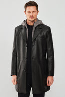 Dias Men's Black Hooded Long Leather Jacket | Derimod