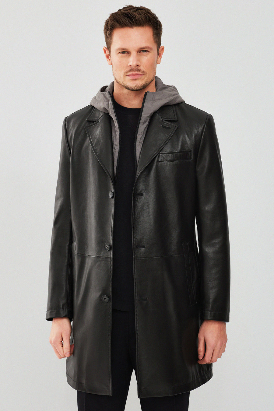Dias Men's Black Hooded Long Leather Jacket 23WGD6512U4 | Derimod