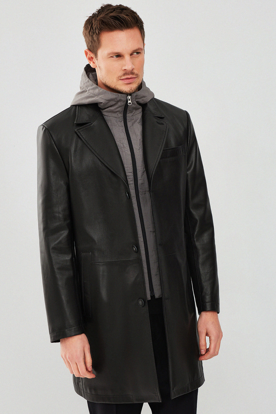 Dias Men's Black Hooded Long Leather Jacket