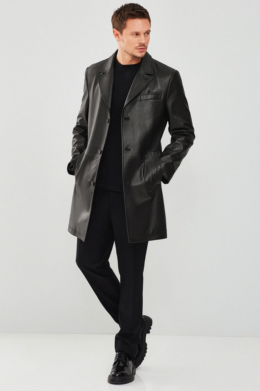 Dias Men's Black Hooded Long Leather Jacket