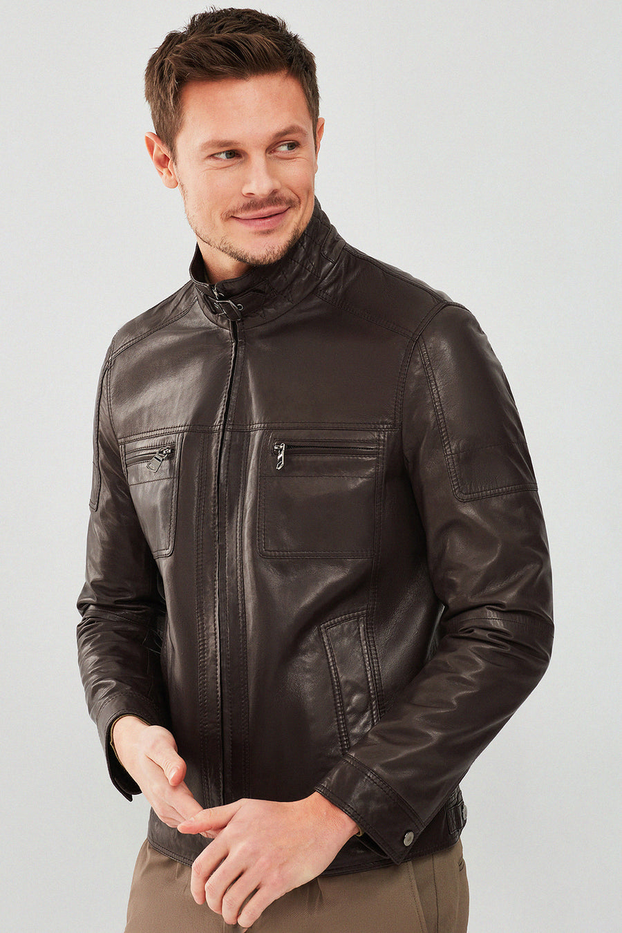 Wade Men's Brown Slim-Fit Leather Coat