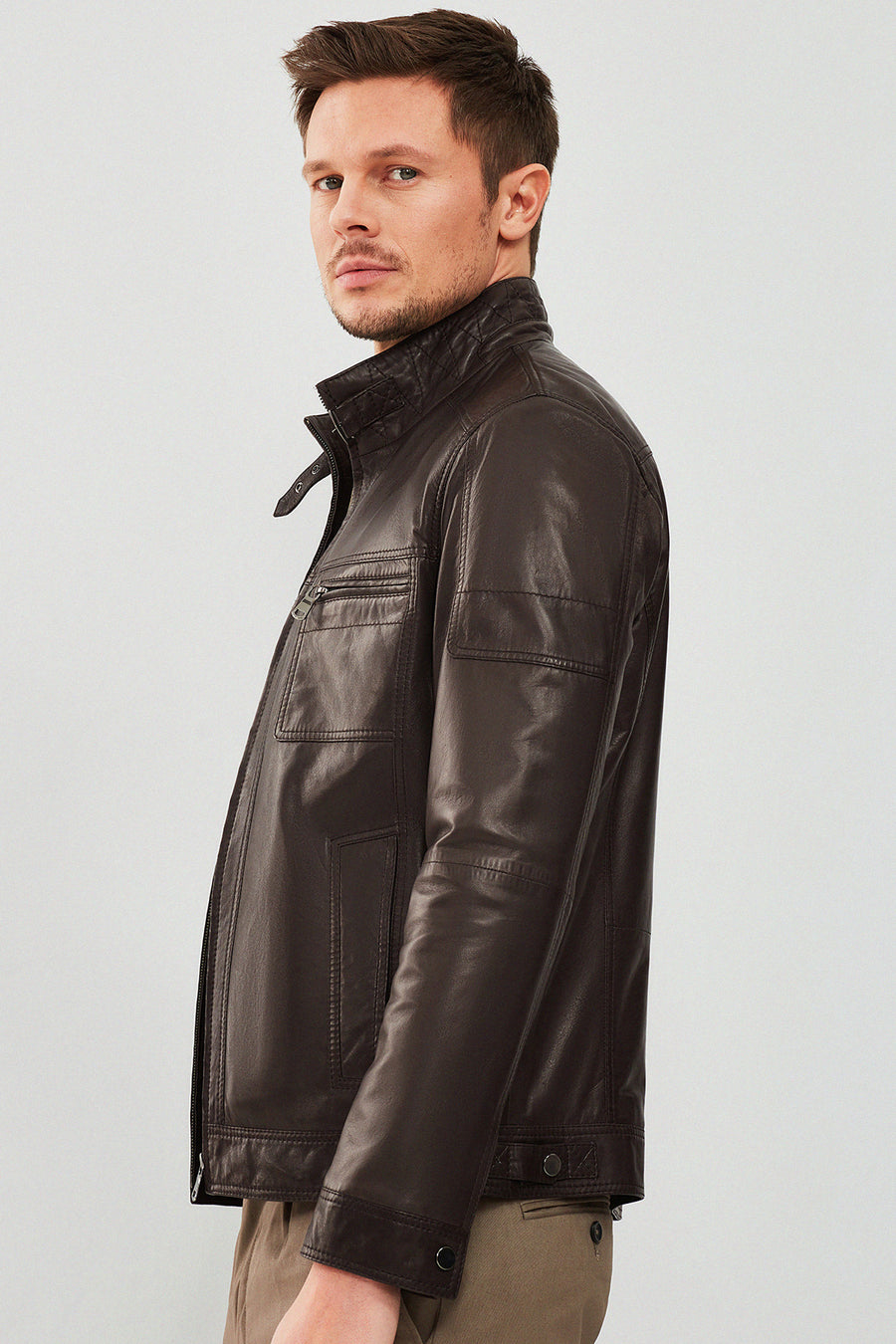 Wade Men's Brown Slim-Fit Leather Coat