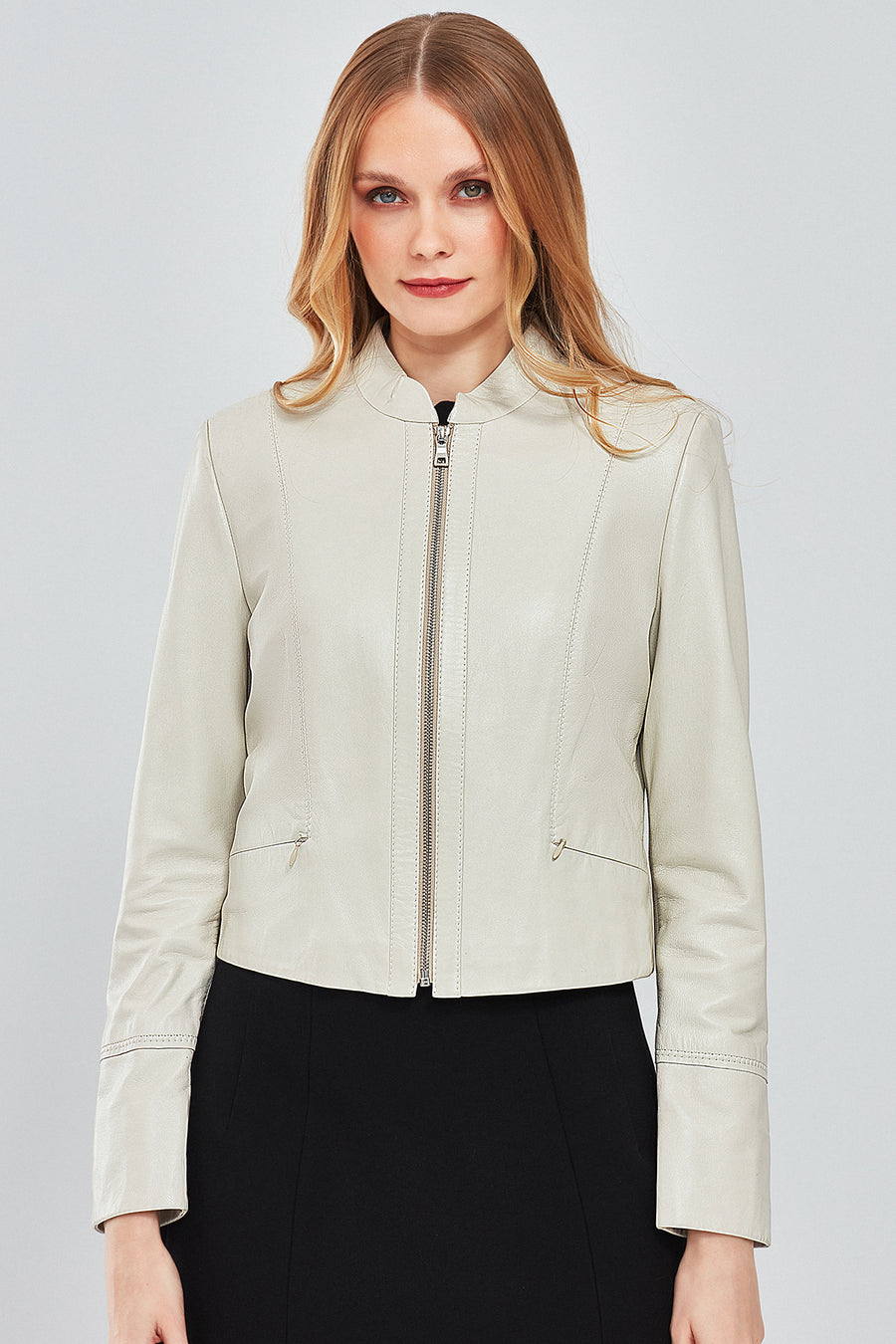 Viola Women's Beige Short Leather Jacket