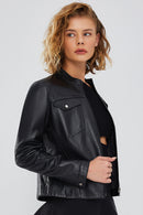 Penny Women's Black Short Leather Jacket | Derimod