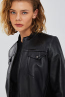 Penny Women's Black Short Leather Jacket | Derimod