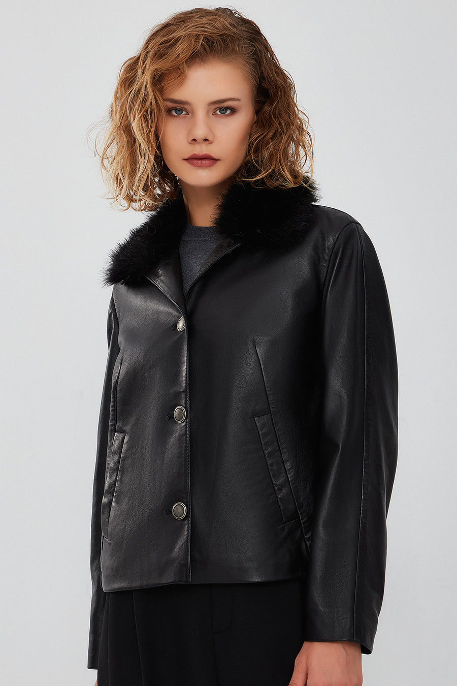Nina Women's Black Fur Collar Oversize Leather Jacket