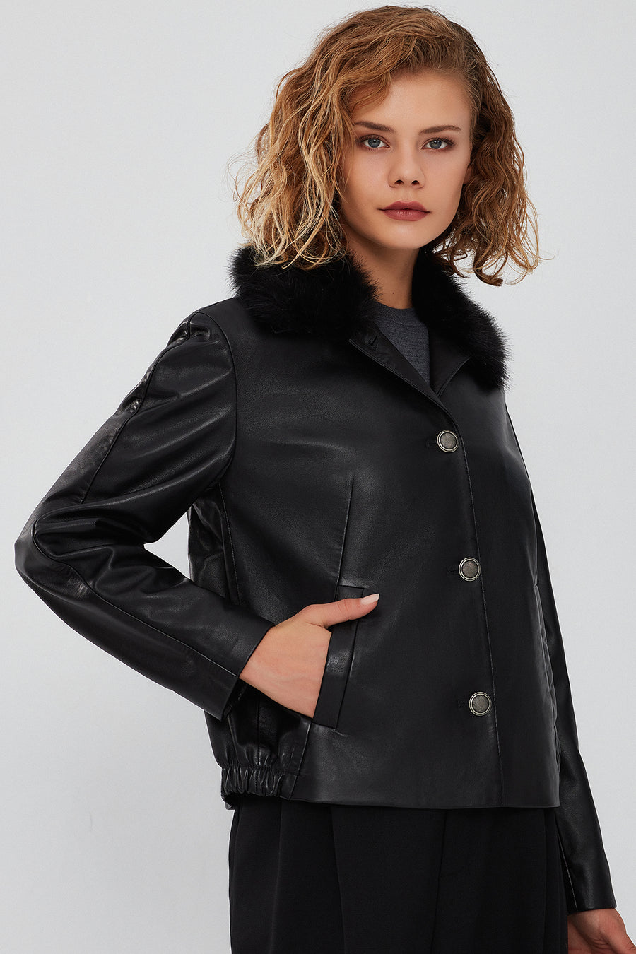 Nina Women's Black Fur Collar Oversize Leather Jacket