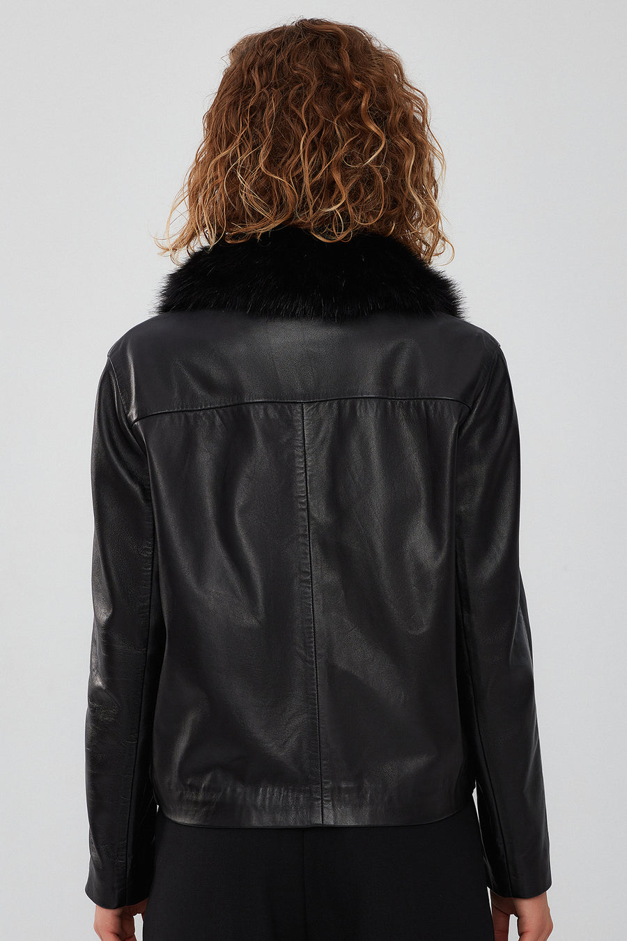 Nina Women's Black Fur Collar Oversize Leather Jacket