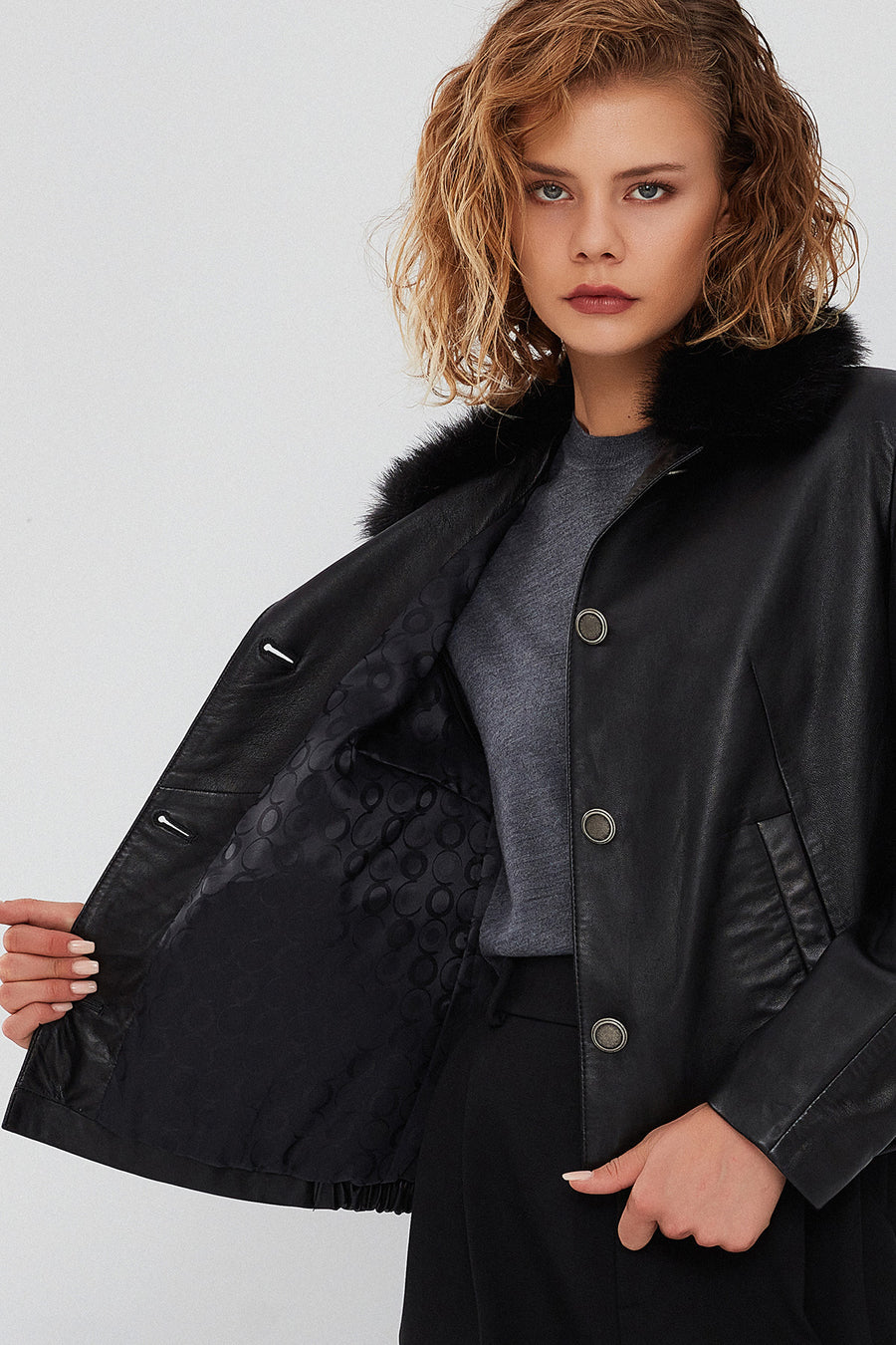 Nina Women's Black Fur Collar Oversize Leather Jacket