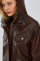 Greta Women's Brown Hooded Leather Coat | Derimod