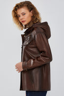 Greta Women's Brown Hooded Leather Coat | Derimod