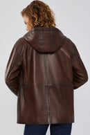 Greta Women's Brown Hooded Leather Coat | Derimod