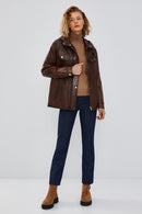 Greta Women's Brown Hooded Leather Coat | Derimod