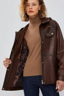 Greta Women's Brown Hooded Leather Coat | Derimod