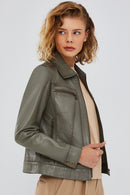 Hera Women's Green Short Leather Jacket | Derimod
