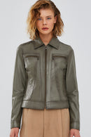 Hera Women's Green Short Leather Jacket | Derimod