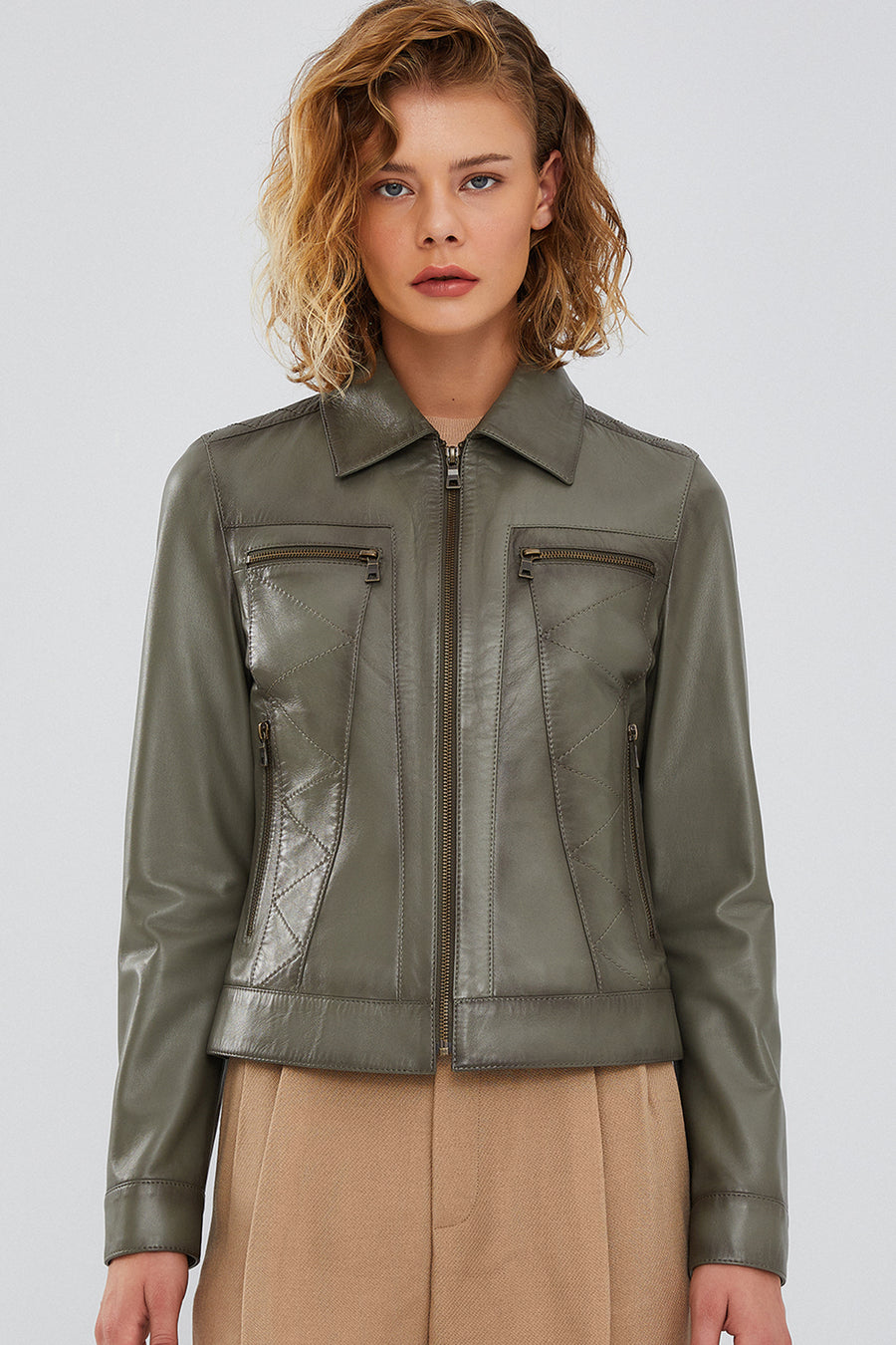 Hera Women's Green Short Leather Jacket