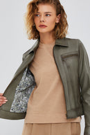 Hera Women's Green Short Leather Jacket | Derimod