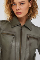 Hera Women's Green Short Leather Jacket | Derimod