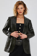 Karla Kadın Yeşil Baskılı Deri Blazer Ceket | Derimod