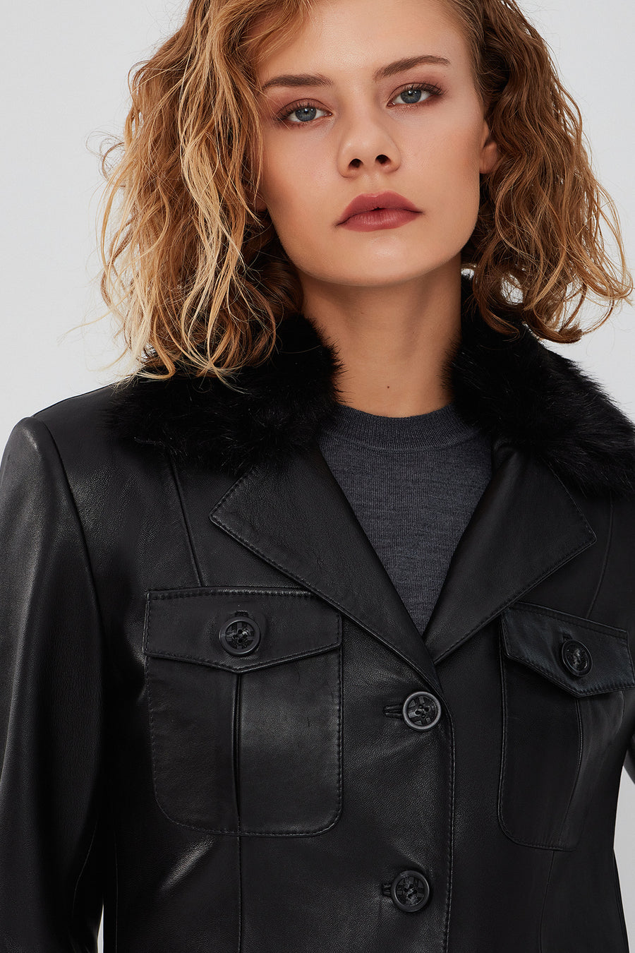Anais Kadın Siyah Yakası Kürklü Blazer Deri Ceket