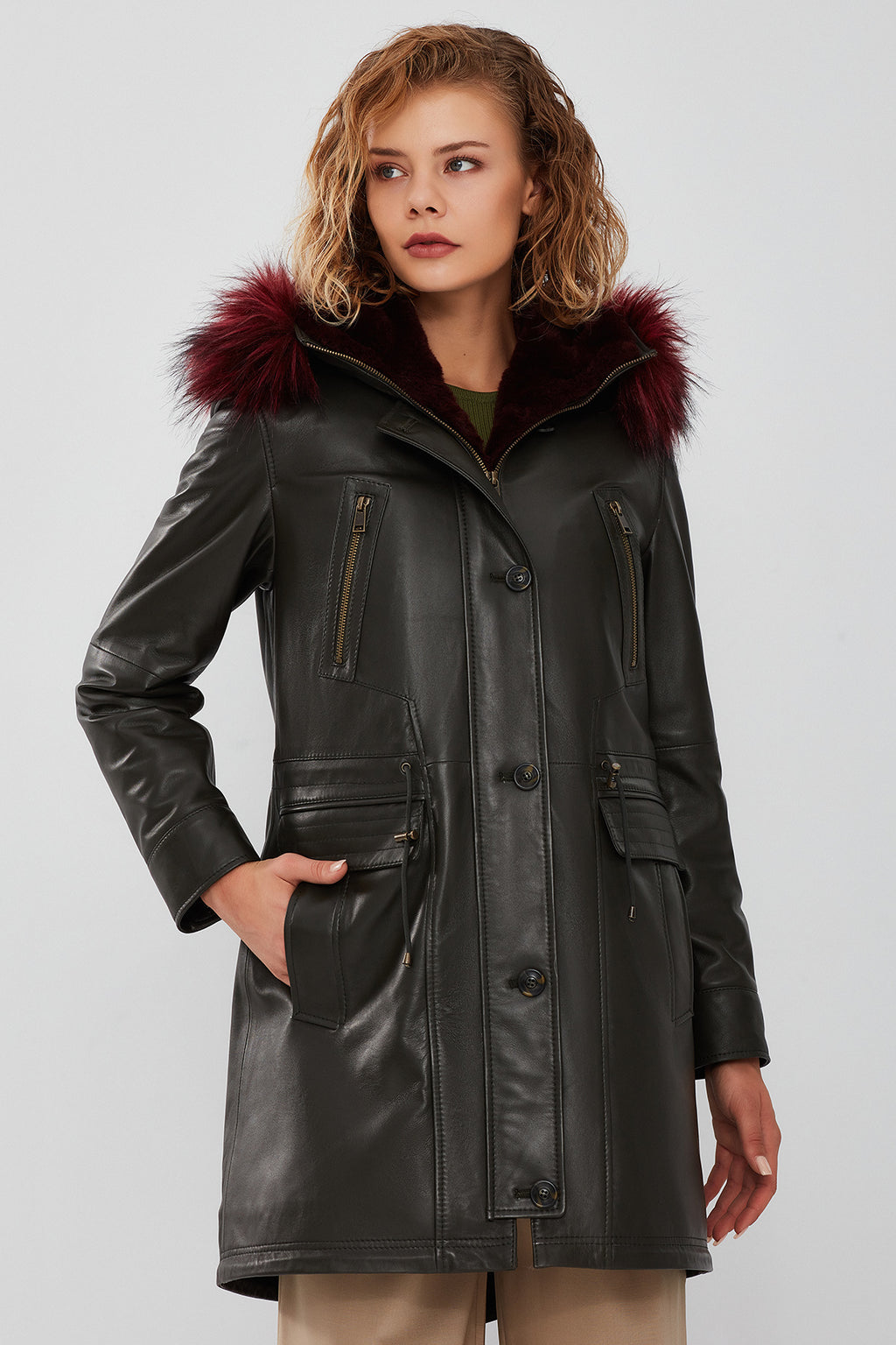 Celine Kadın Yeşil Kapüşonlu Kürklü Parka