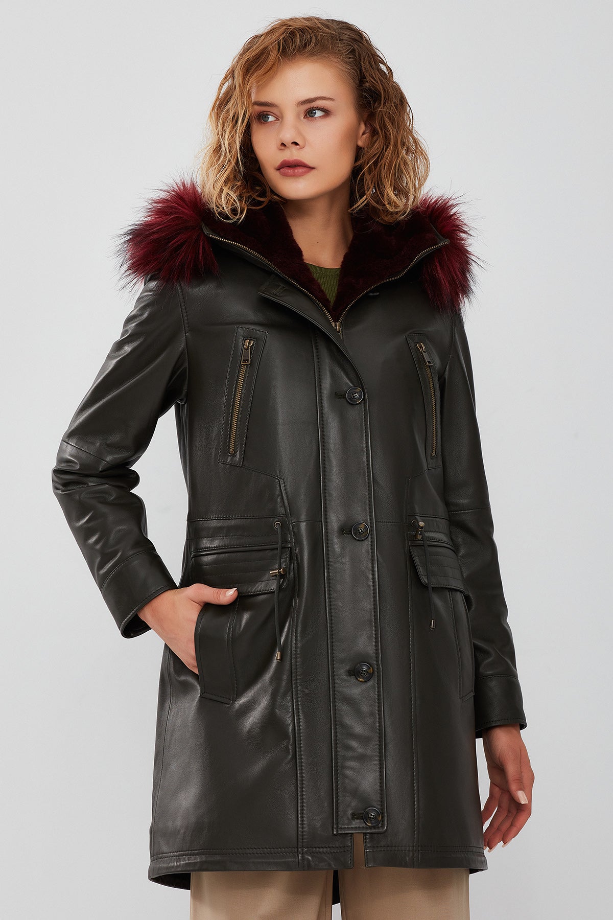 Celine Kadın Yeşil Kapüşonlu Kürklü Parka