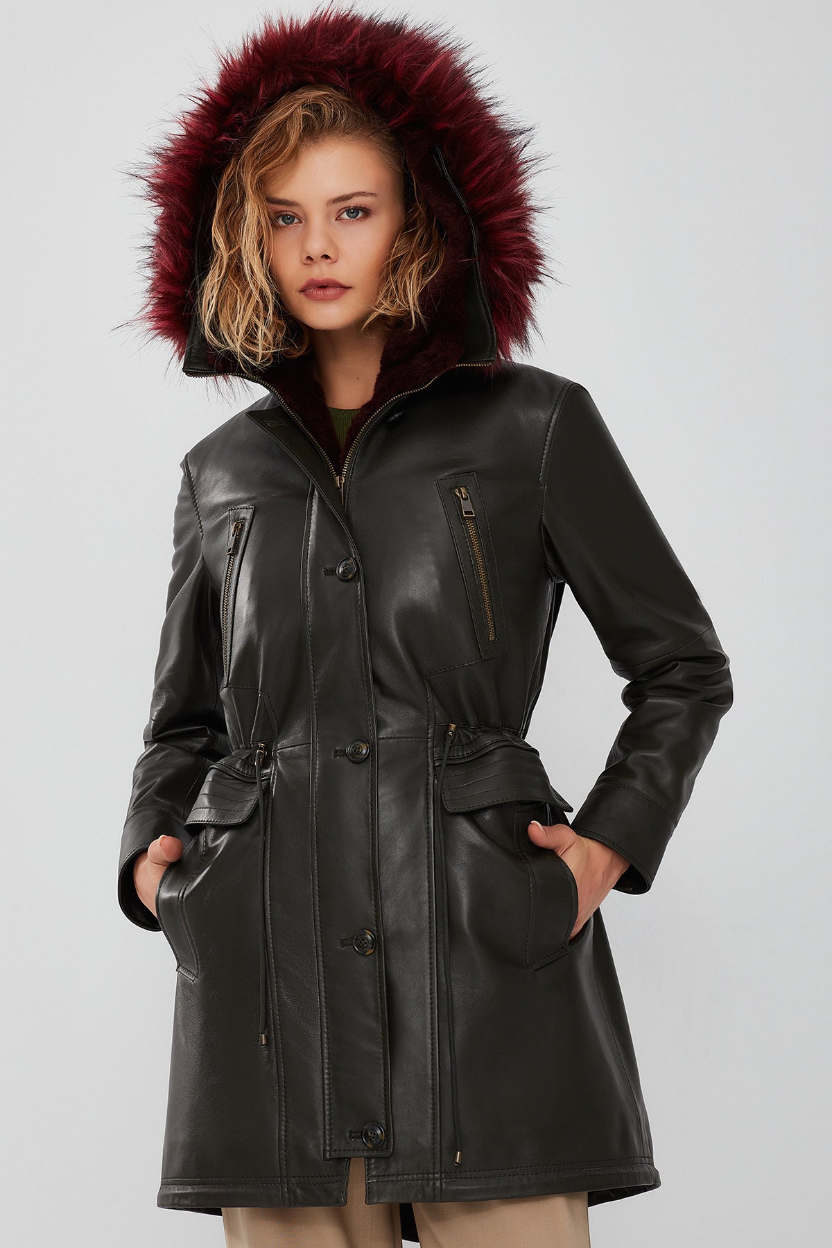 Celine Kadın Yeşil Kapüşonlu Kürklü Parka