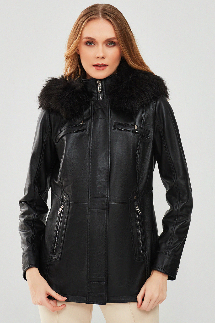 Betty Women's Black Hooded Fur Leather Coat 23WGE51481M | Derimod