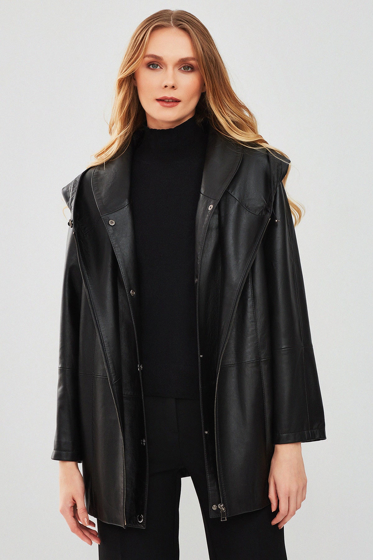 Anya Kadın Siyah Kapüşonlu Deri Mont 23WGE51581M | Derimod