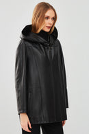 Anya Kadın Siyah Kapüşonlu Deri Mont | Derimod