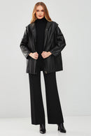 Anya Kadın Siyah Kapüşonlu Deri Mont | Derimod