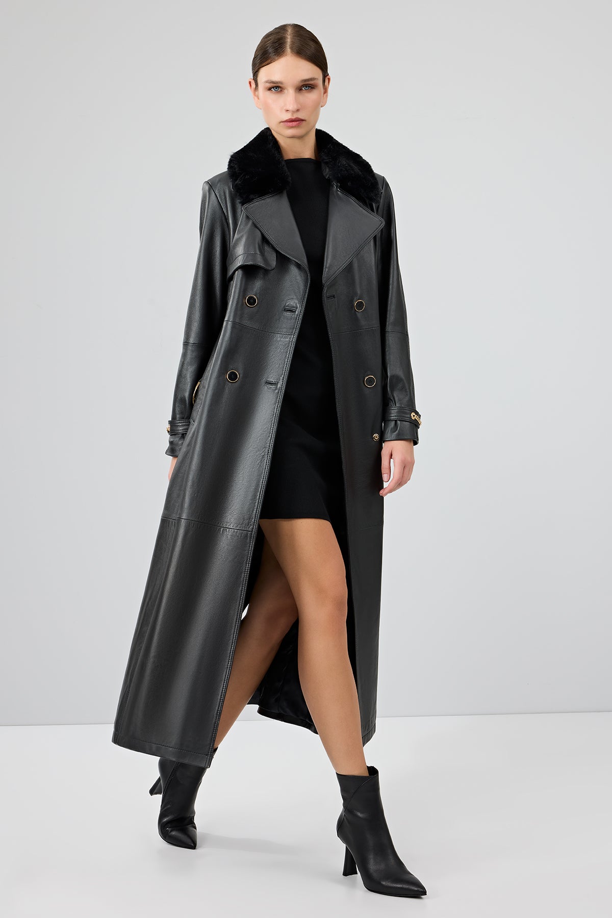 Jenny Kadın Siyah Yaka Kürklü Kemer Detaylı Deri Trençkot 23WGE51681M | Derimod