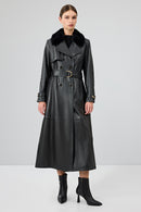 Jenny Kadın Siyah Yaka Kürklü Kemer Detaylı Deri Trençkot | Derimod