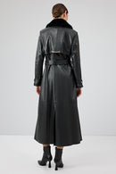 Jenny Kadın Siyah Yaka Kürklü Kemer Detaylı Deri Trençkot | Derimod