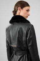 Jenny Kadın Siyah Yaka Kürklü Kemer Detaylı Deri Trençkot | Derimod