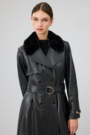 Jenny Kadın Siyah Yaka Kürklü Kemer Detaylı Deri Trençkot | Derimod