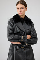 Jenny Kadın Siyah Yaka Kürklü Kemer Detaylı Deri Trençkot | Derimod
