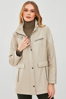 Agatha Women's Beige Hooded Long Leather Coat | Derimod