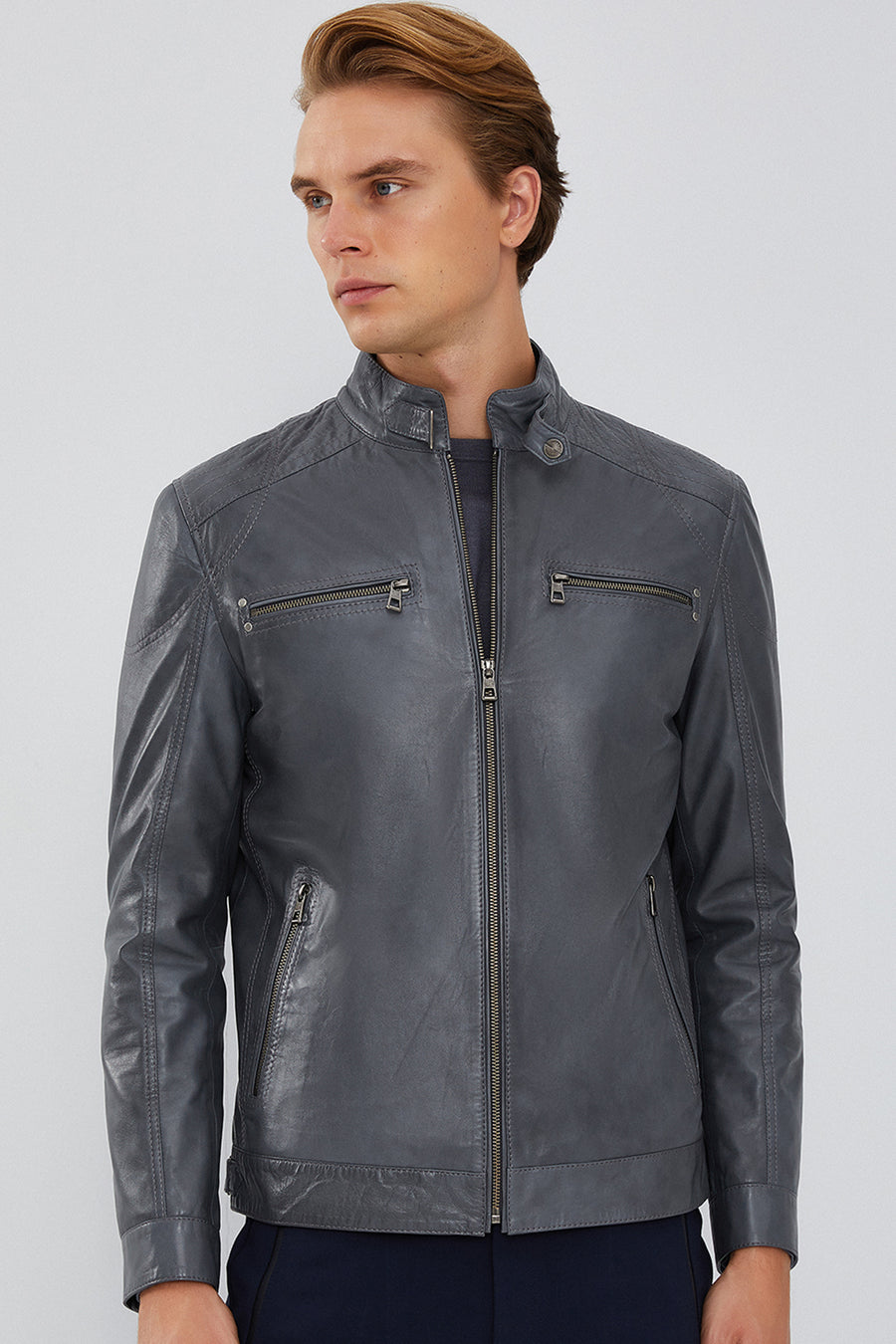 Maxim Men's Gray Leather Jacket 23WGE616547 | Derimod