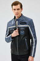 Takeoff Erkek Mavi Slim-Fit Deri Ceket | Derimod