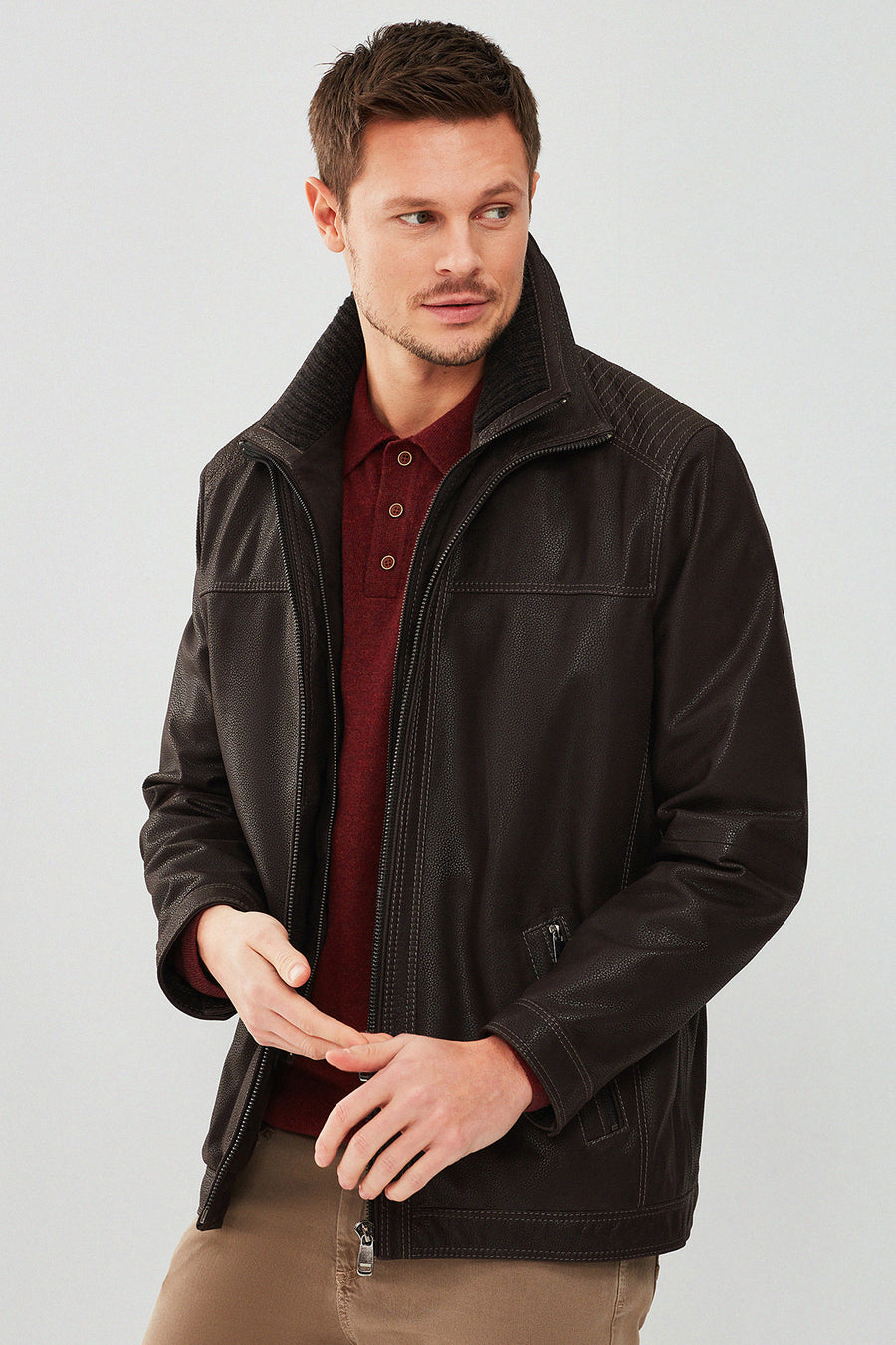 Roberto Men's Brown Double Collar Leather Jacket 18WGD6313D2 | Derimod