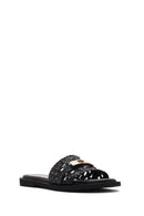 Women's Black Knit Leather Slippers | Derimod