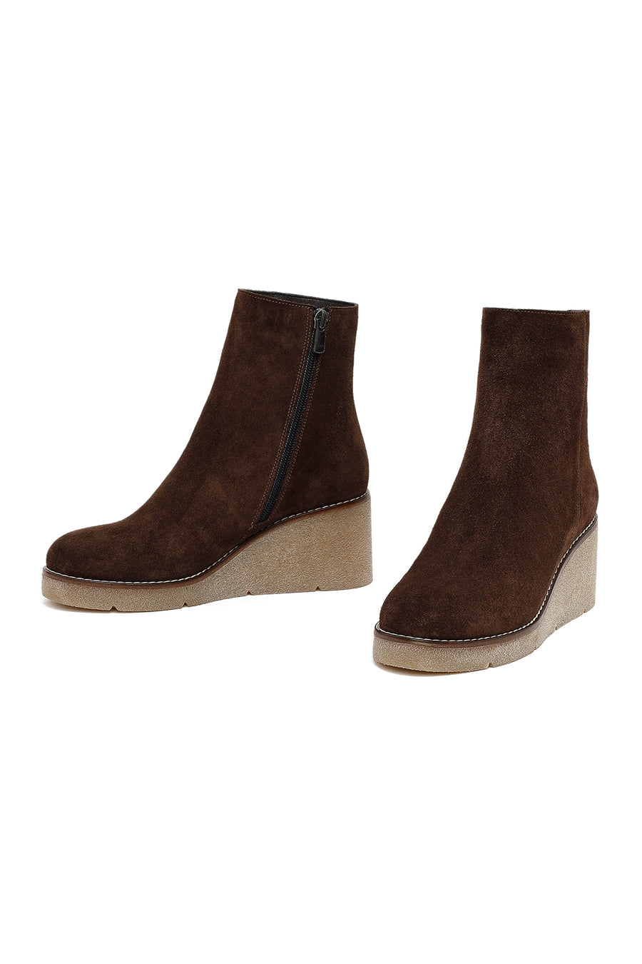 Woman Brown Zippered Wedge Heel Suede Leather Boat