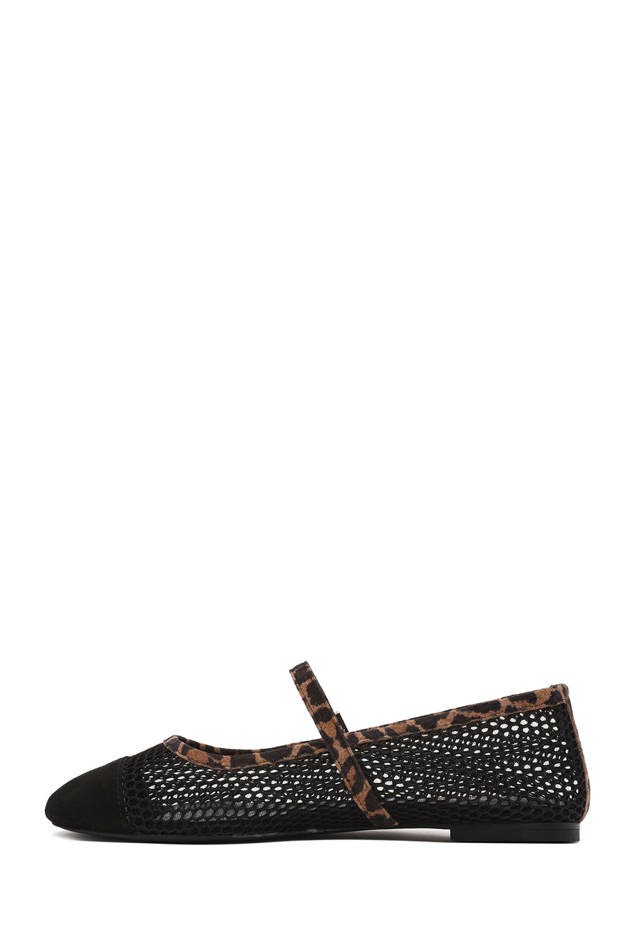 Women's Black Leopard Patterned Buckled Mesh Leather Ballerinas
