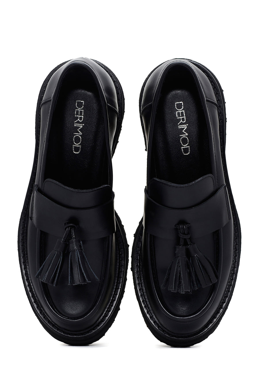 Women's Black Thick Soled Tasseled Casual Leather Loafer