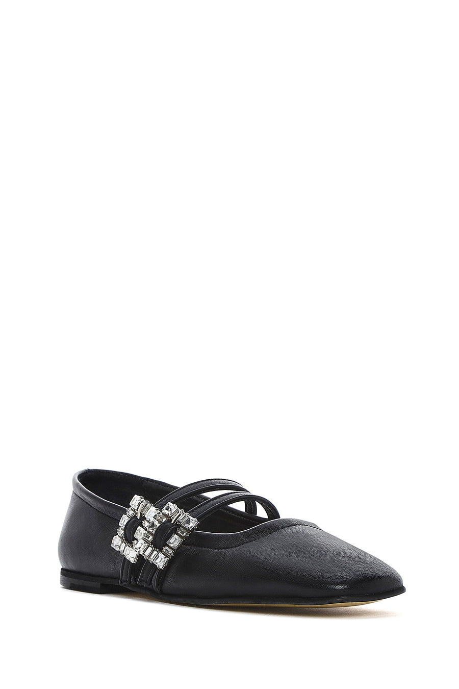 Women's Black Double Buckled Stoned Leather Ballerinas
