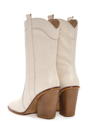 Women's Beige Thick Heeled Leather Cowboy Boots | Derimod